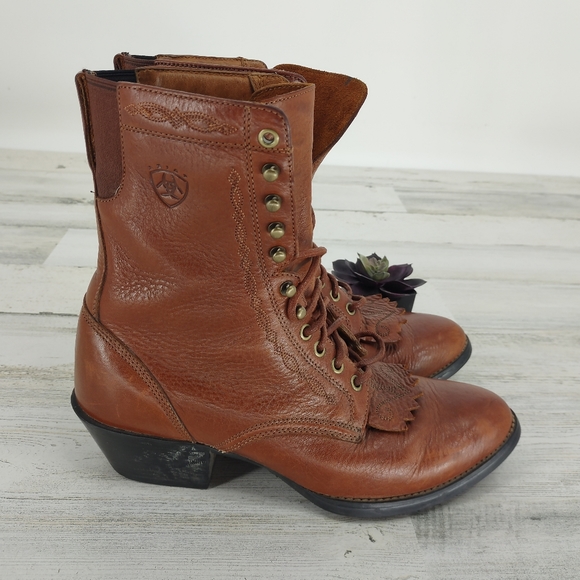 Ariat Brown Leather Lace Up Boots Heritage Roper Embossed - Picture 2 of 8